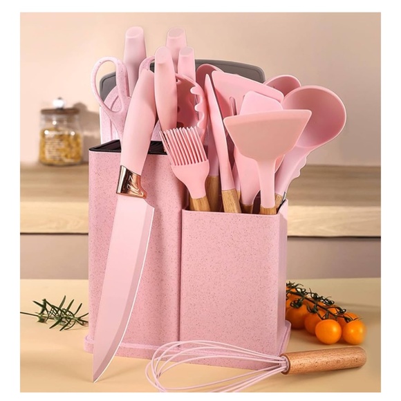 Pink Silicone Cooking Utensils 5 Piece Sharp Stainless Steel Chef Knives Set - Picture 4 of 14